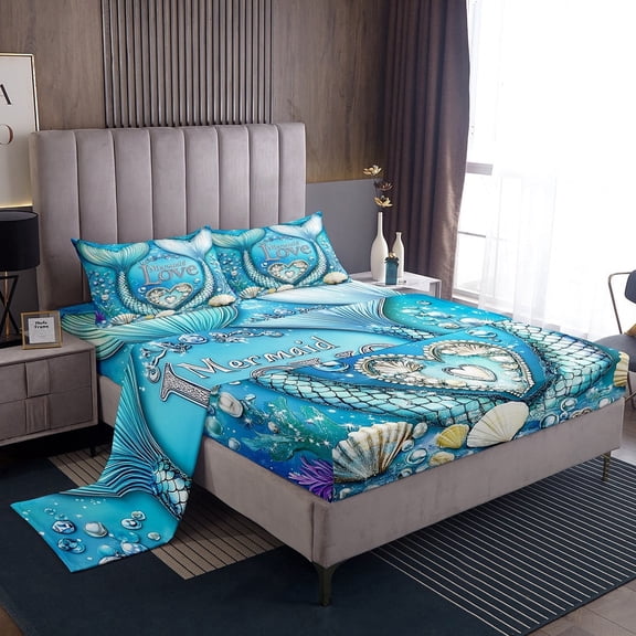Erosebridal Mermaid Tail Twin Sheet Sets, Dreamy Princess Bed Sheets Twin, Ocean Theme Bedding Twin Size, Super Cozy Room Decor, 3 Pieces