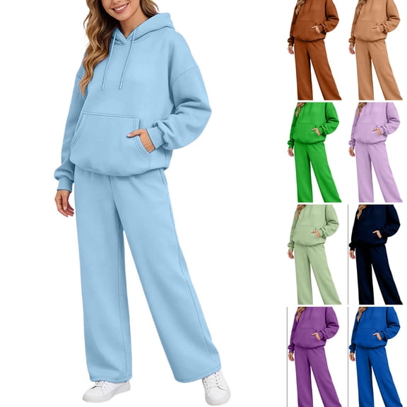 WULMLEO Women Oversized 2 Piece Tracksuit Outfits Drawstring Hoodies with Kangaroo Pocket Sweatshirts & High Waist Wide Leg Sweatpants Casual Loungewear Sets Light Blue S