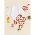 thumbnail image 5 of Miaouyo Baby Boy Girl Halloween Outfit, Letter Print Long Sleeve Romper Pumpkin Print Pants Hat 3 Piece Set for Fall, 5 of 9