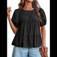 thumbnail image 2 of Blusas Babydoll con Mangas Abullonadas y Peplum para Mujer, Camisetas de Algodón Plisadas Ahumadas de Verano, Blusas Casuales Holgadas y Fluidas. Negro M, 2 of 10