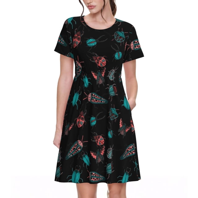 Bixox Robe d'Été à Manches Courtes pour Femmes Robe Ample Longueur Genou avec Poches-Coloré Insecte
