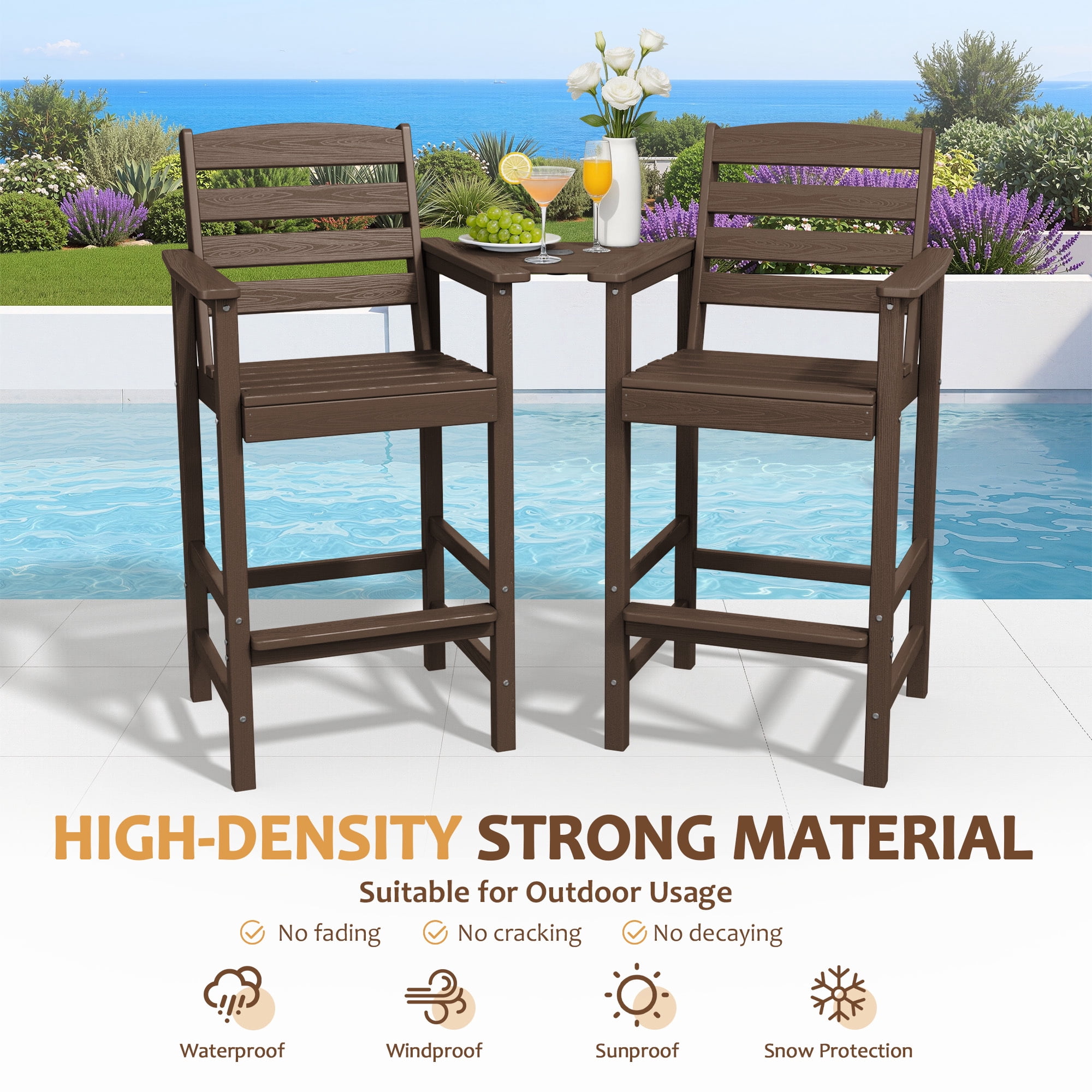 RIAFUN HDPE Height Bar Stools Set of 2 with Removable Connecting Table, Weather Resistant Outdoor Tall Adirondack Chairs with Umbrella Hole for Patio, Poolside, Garden, Coffee