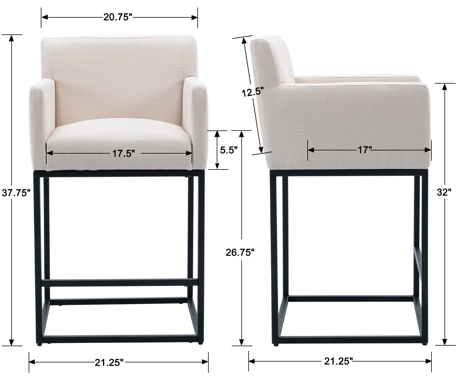 Guyou 26.75" Modern Bar Stools Set of 2, Linen Upholstered Counter Height Bar Stool with Back and Arms, Kitchen Island Stool with Black Metal Frame for Home Bar Restaurant, Cream