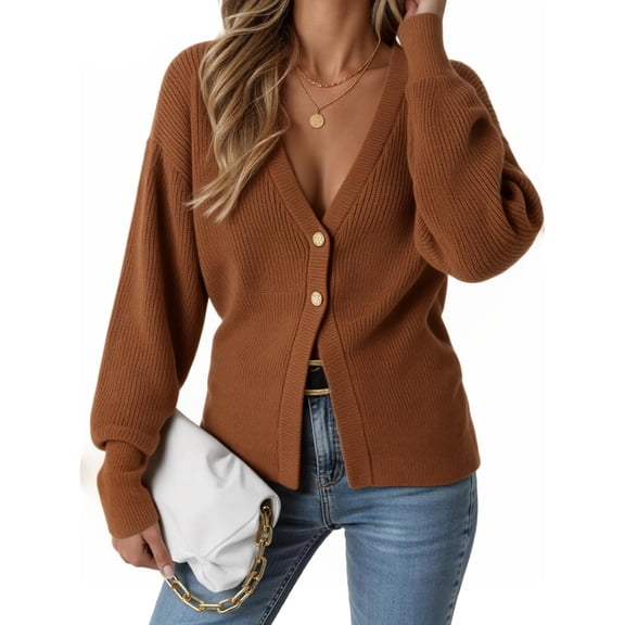 Women V‑Neck Button Front Knit Cardigan Long Sleeve Fitted Sweater Coat