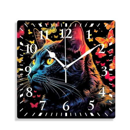 12 Inch Wall Clock Battery Operated Silent Clock Decorative for Office, Kitchen, Outdoor, Living Room,Colorful Cute Cat Butterfly Polka Dot Design