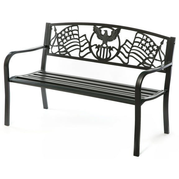 Steel Outdoor Patio Garden Park Bench with Cast Iron "American Flag" Backrest