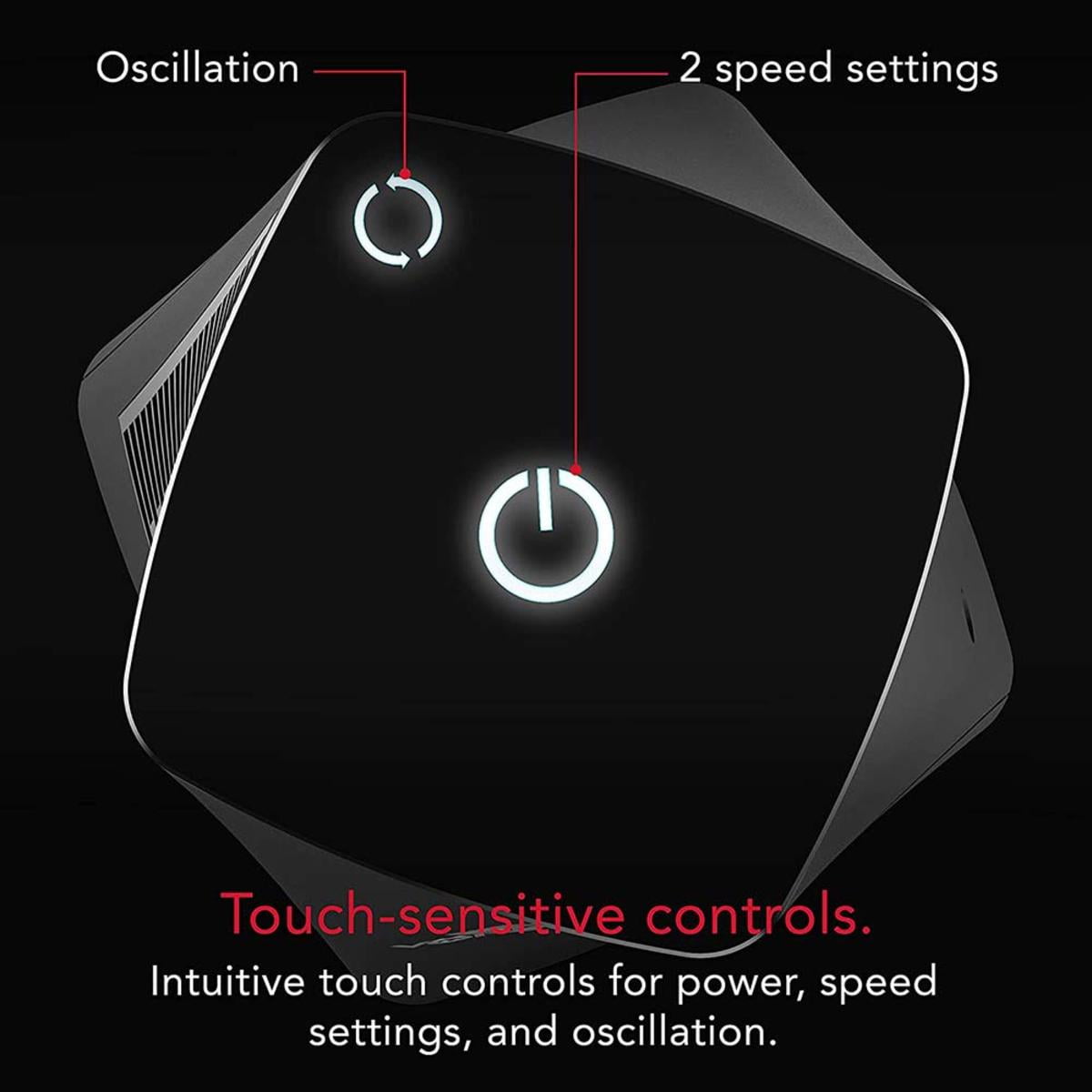 Vornado HELIX2 Personal Tower Fan with 2 Speed Settings, Illuminated Touch Controls, 70-Degrees of Oscillation, Small Footprint, Black