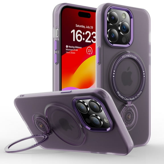 Elegant Choise Case with Screen Protector for iPhone 15 Pro Max/15 Pro/15 Plus/15 Magnetic Shockproof Ring Stand Phone Cover, Purple