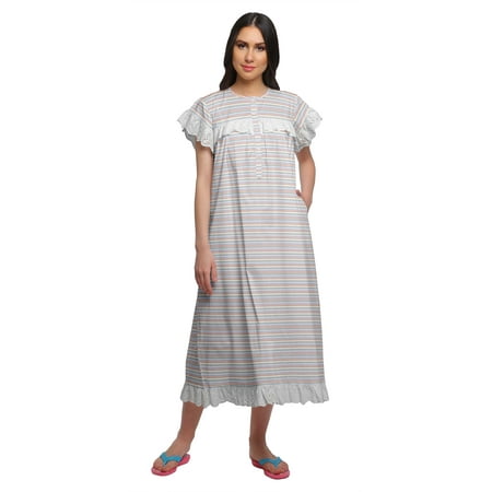 

Moomaya Printed WoMen s Button Placket Mid Calf Nightdress Cotton Nightwear