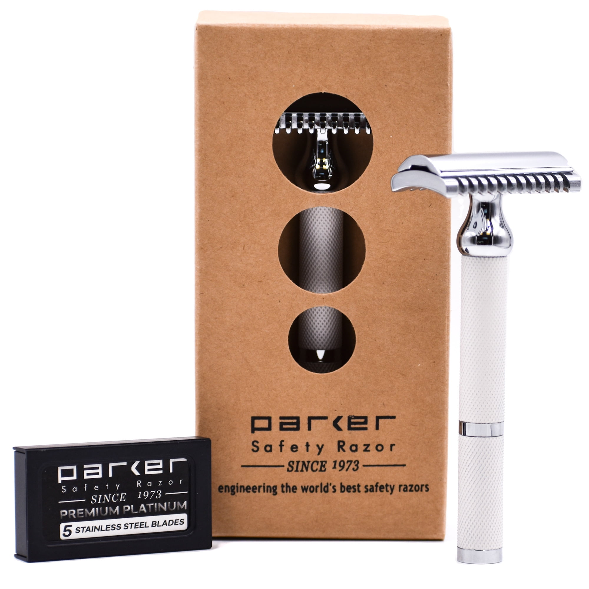 Parker Safety Razor 70C Double Edge Open Comb Razor (White), 5 Blades Included, Great for Both Men and Women