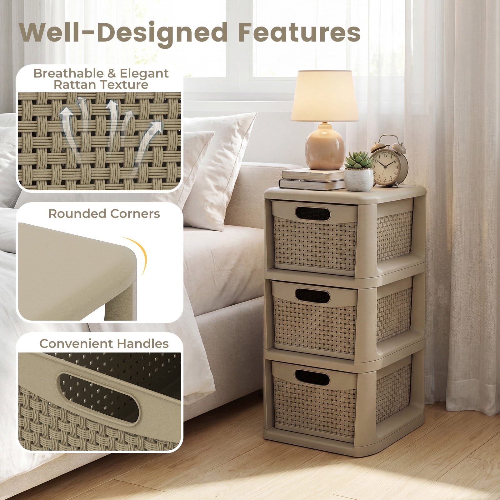 Costway 1 PCS 3-Drawer Storage Cabinet with Wicker Patterns, Handles for Bedroom, Bathroom Tan