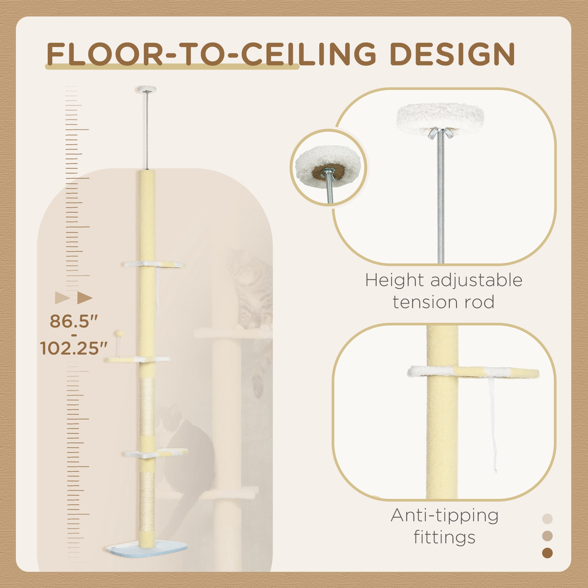 PawHut 4-Tier Tall Cat Tower, Floor to Ceiling Cat Tree, Height Adjustable 87 - 103 Inch with Plush Platforms, Sisal Scratching Posts, Ball, Yellow