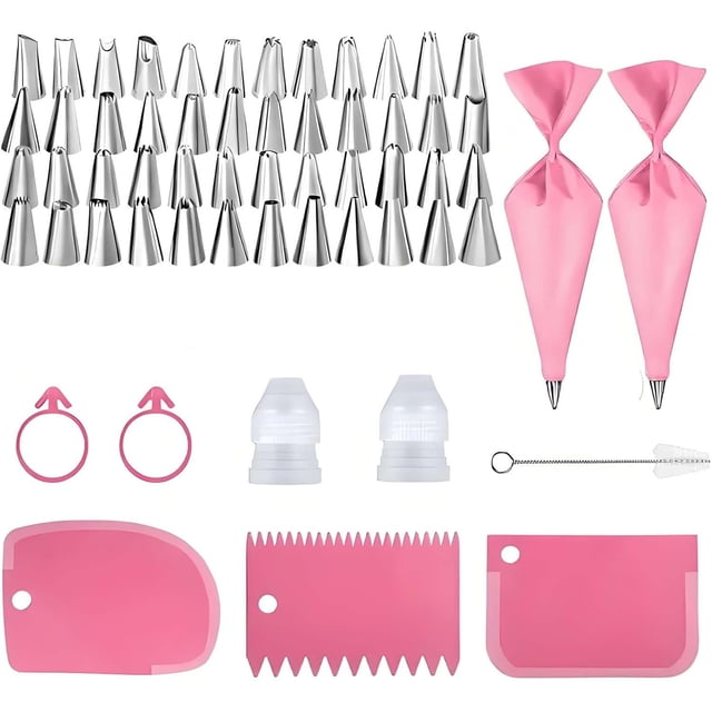 K Kits de 34 Piezas de Boquillas para Manga Pastelera, Stainless con 48 Boquillas de Acero Inoxidable, Cake Decoration Tool, Manga pastelera Reutilizable, 3 Raspadores de Pastel (Rosa Roja)