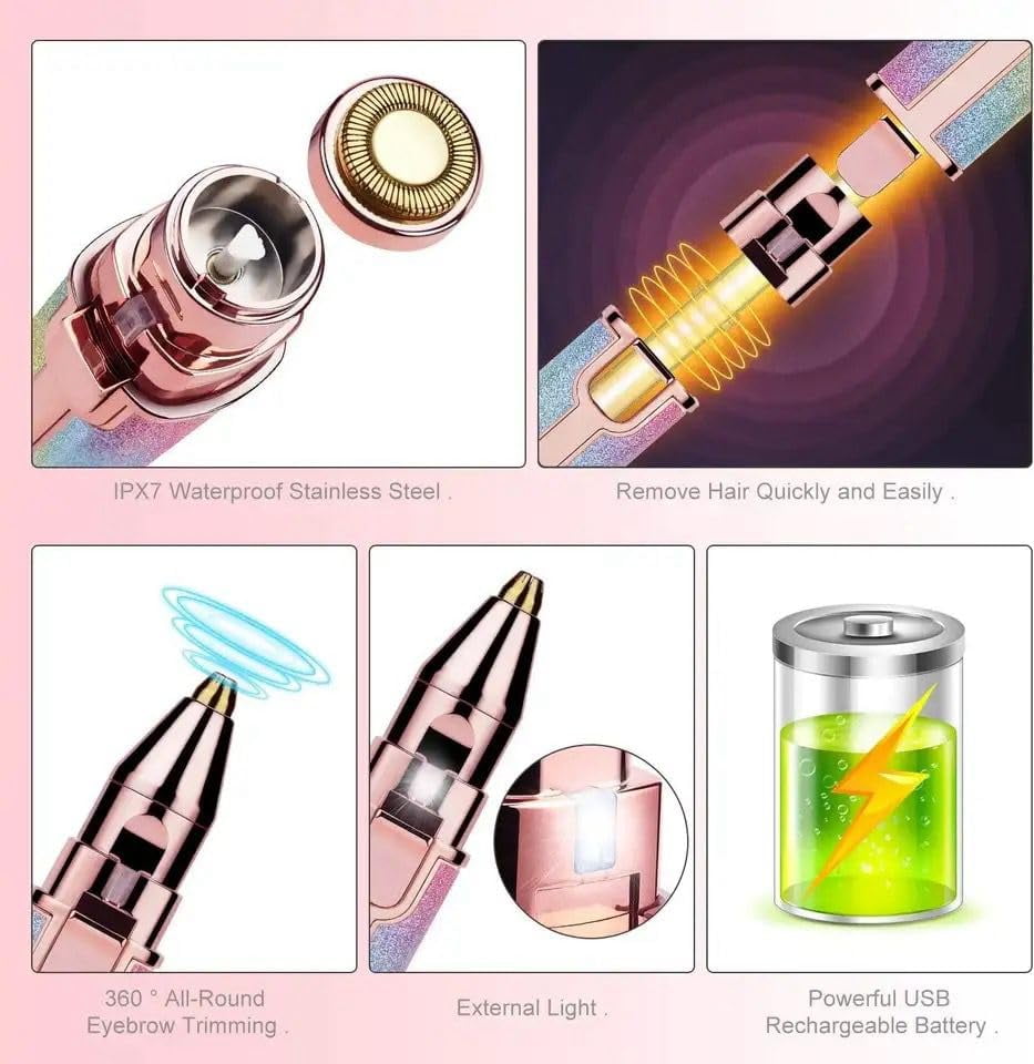 Facial Hair Removal for Women: 2-in-1 Rechargeable Nose Hair & Eyebrow Trimmer, Face Shaver with Built-in Light for Removing Chin, Upper and Lower Lip Area Peach Fuzz（13.5*3*2.5cm)