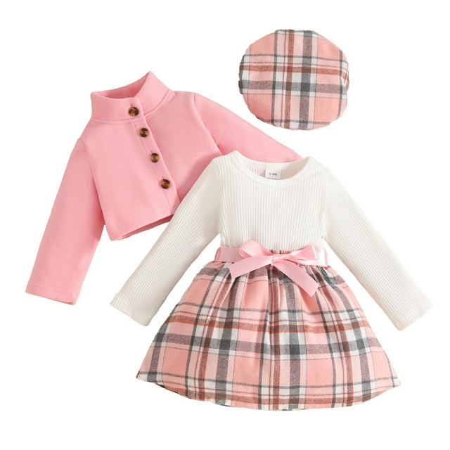 Sweet Fleece St Collar Long-sleeved Jacket + Classic Plaid Belt Dress + Beret Three-piece Set Ropa para niños