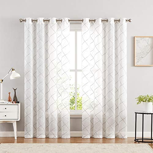 Metro Parlor White Sheer Curtains 84 Inches Long Set 2 Panels For Living Room Bedroom Grey Geometric Line Embroidered On Voile Ds Grommet Top Linen Textured 54 Width Window Treatments Com Metro Parlor White Sheer Curtains 84, 84 White Sheer Curtain Panel