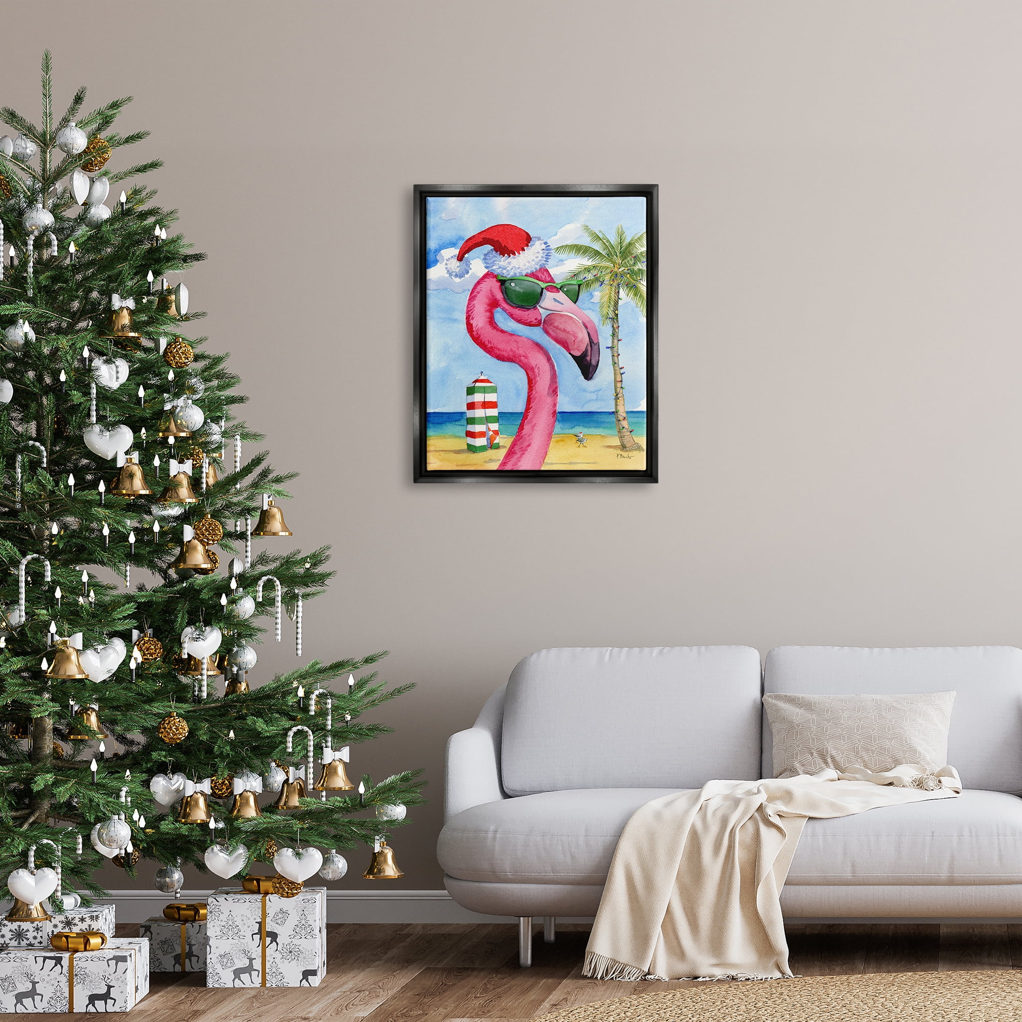 Stupell Industries Flamingo Tropical Christmas Holiday Painting Black Floater Framed Art Print Wall Art, 25 x 31