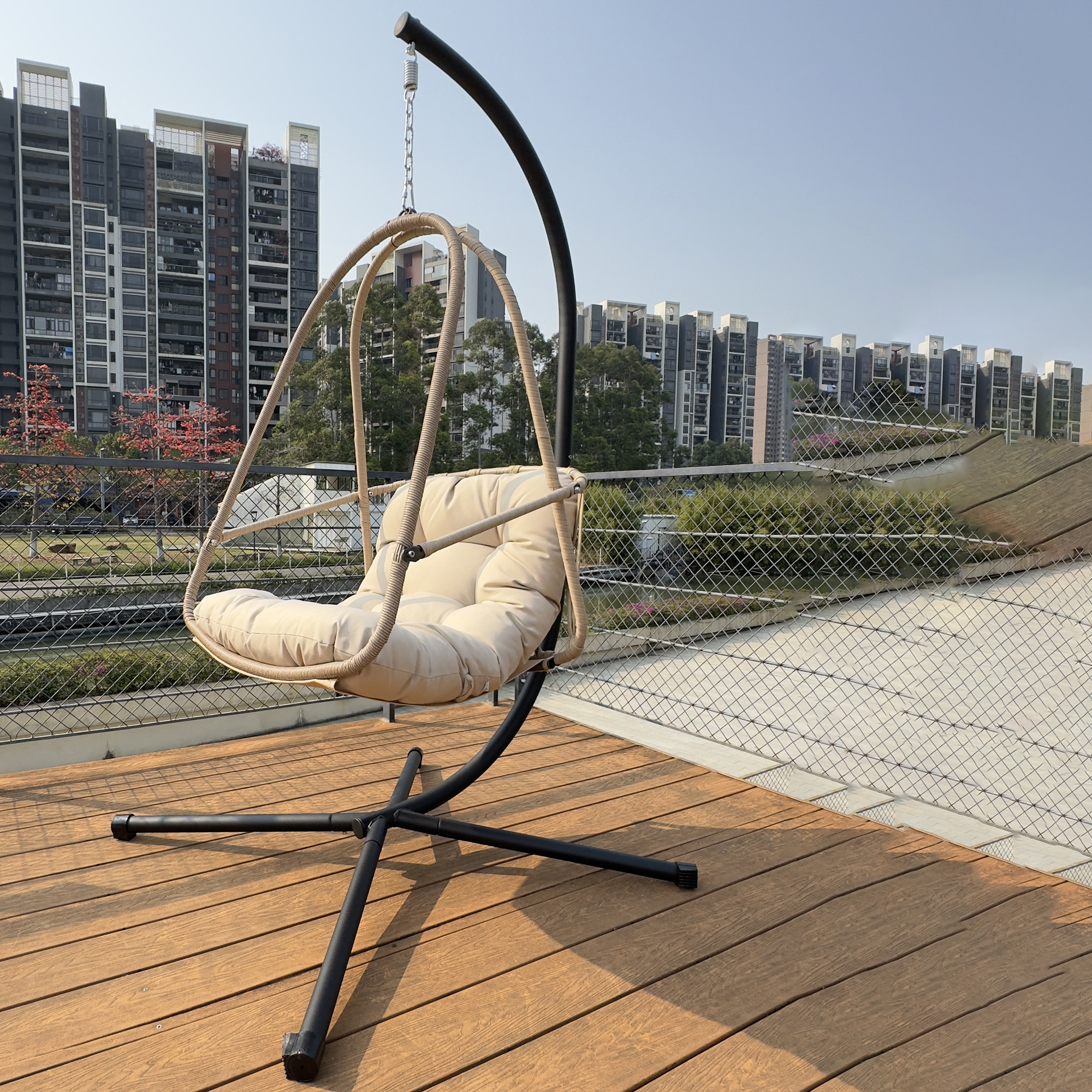 Miniyam Outdoor Hanging Egg Chair with Stand, Foldable Swing Chair with Cup Holder, Rattan Wicker Patio Chair with Cushions for Adults and Kids, Beige