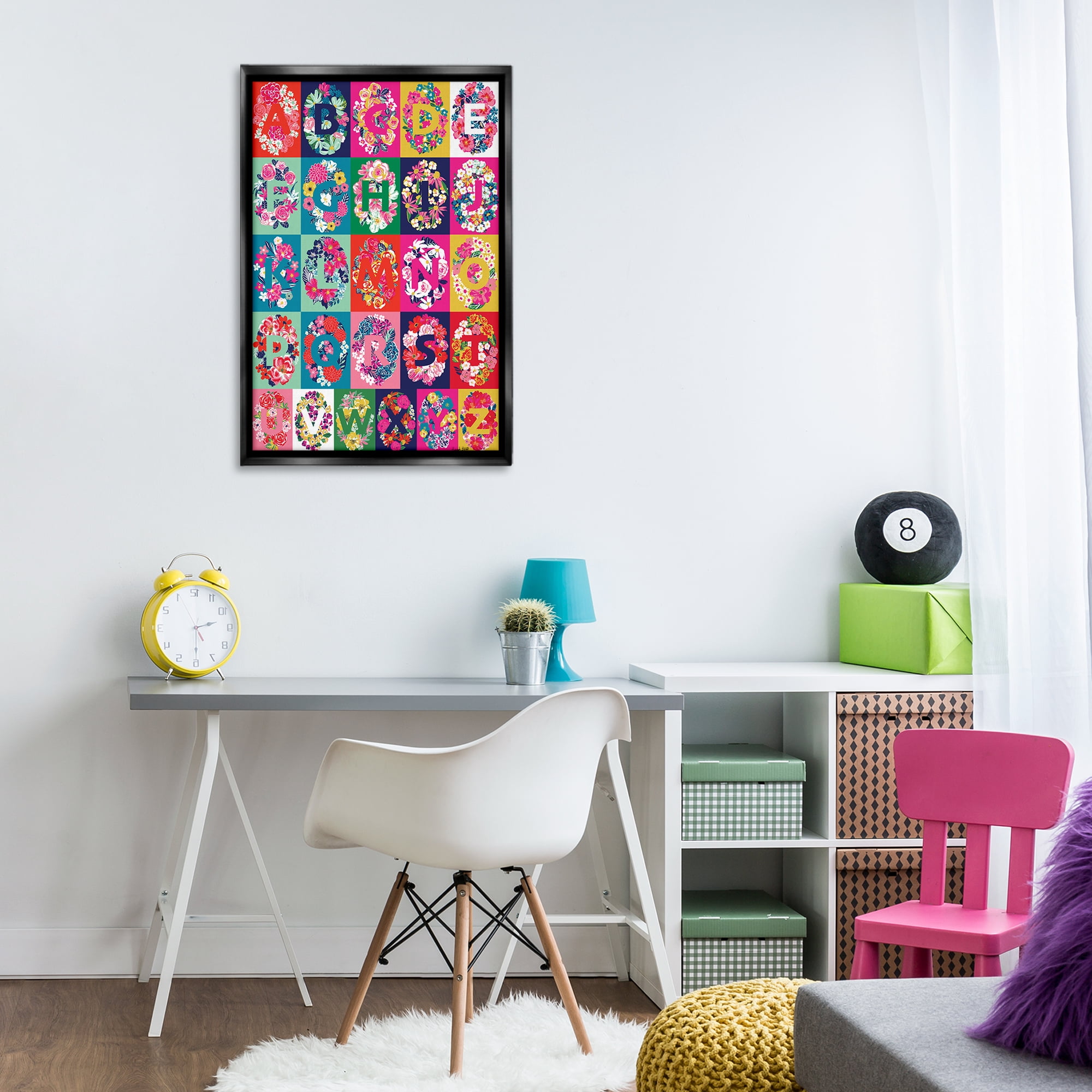 Stupell Industries Energetic Blooms Alphabet Plants & Flowers Painting Black Floater Framed Canvas Art Print Wall Art, 21 x 31