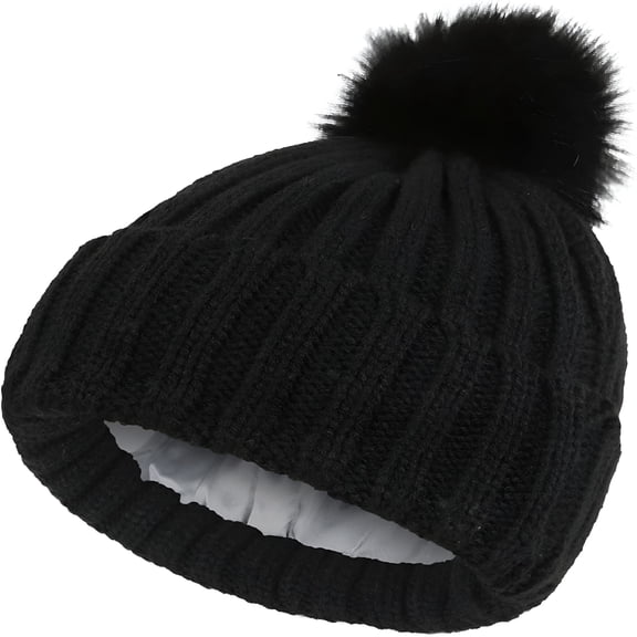 TELOLY Women's Winter Beanie Hat Warm Silk Satin Lined Cuffed Cable Knit Hat with Detachable Pom Ski Skull Cap Black