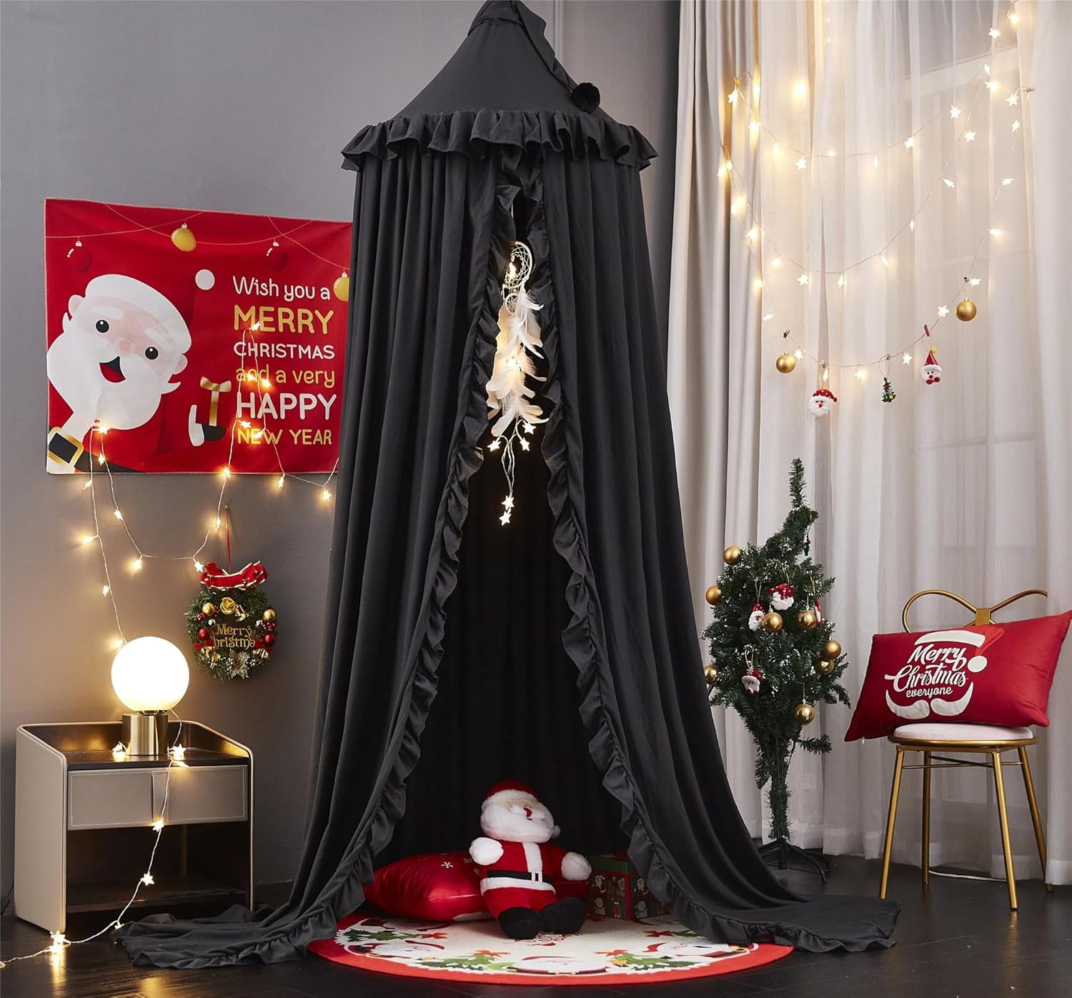 Bed Canopy for Girls,Princess Round Dome Dreamy Mosquito Net Bedding Girls Room Castle Play Tent Hanging House Decor Reading Nook Canopies (Black)