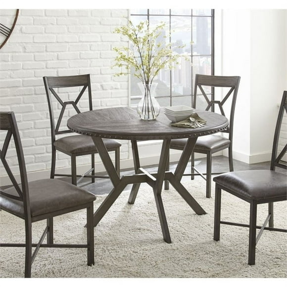 Pemberly Row Contemporary Wood Top Round Dining Table in Distressed Gray