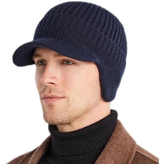 CoCoMangos Men Winter Visor Brim Earflap Beanie Hat Knitted Thicken Plush Lined Skullies Baseball Cap Windproof Neck Warmer