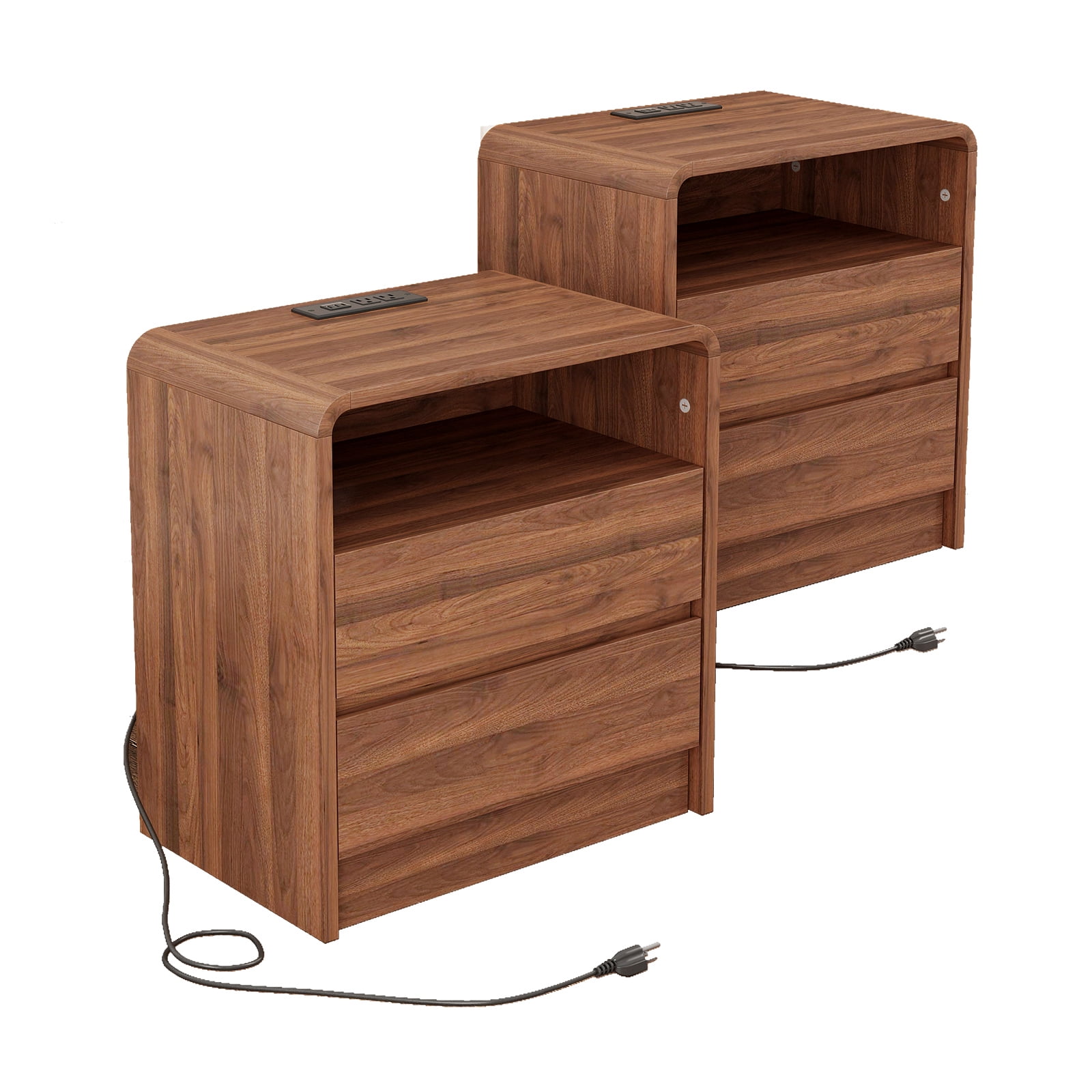 Hommoo 25" Tall Modern Wooden Nightstand Bedside Table with 2 Storage Drawers, Charging Station & Curved Profile Design, Mid Century End Table for Bedroom, Living Room, Walnut