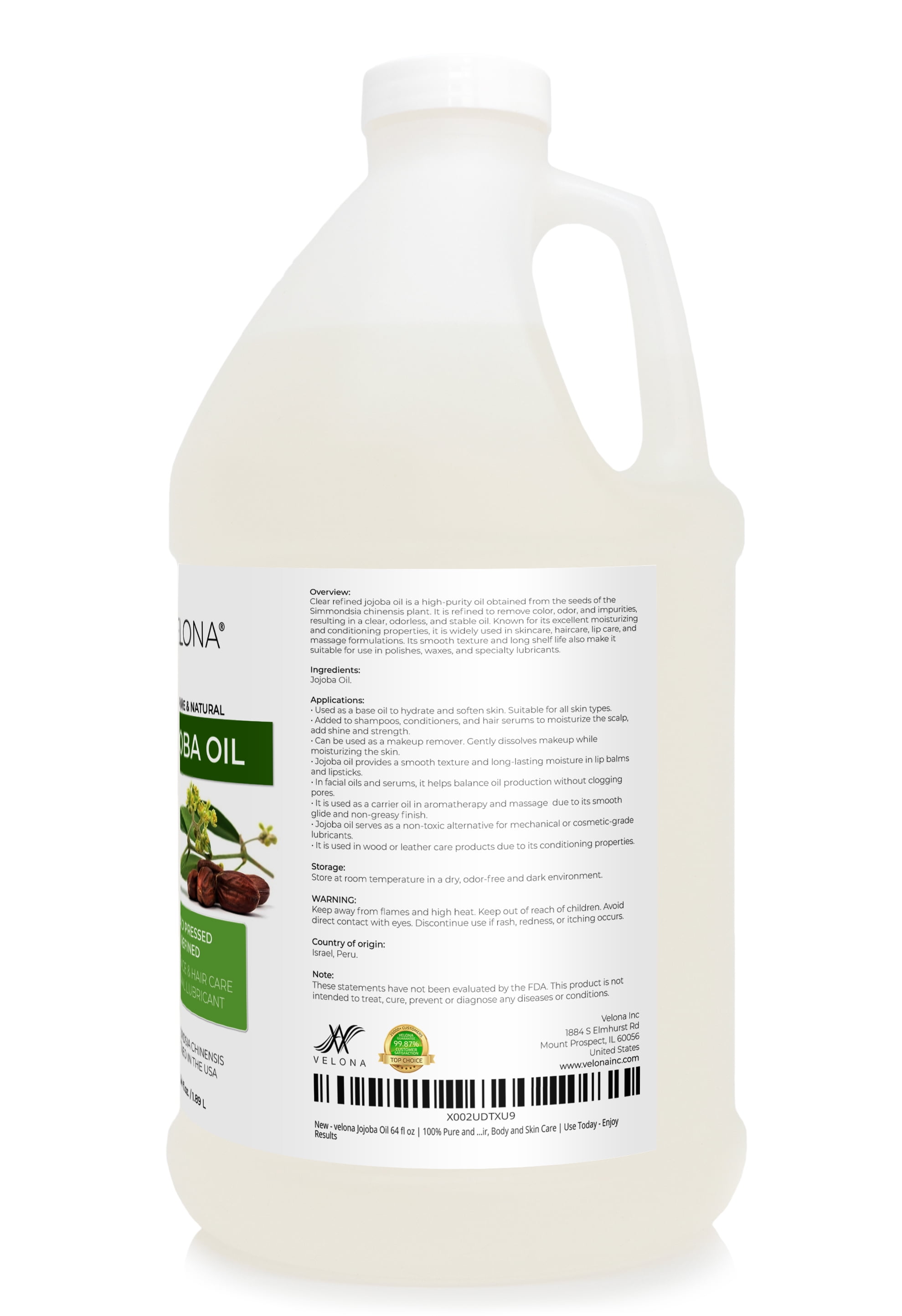 Jojoba Oil by Velona - 64 fl oz | 100% Pure and Natural Carrier Oil | Clear, Refined, Cold Pressed | Moisturizing Face, Hair, Body and Skin Care | Use Today - Enjoy Results
