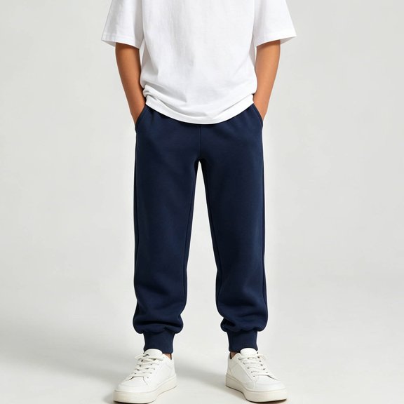 Eltusu Boys Cotton Sweatpants, Casual Elastic Waistband Comfort Solid Color Kids Joggers Dark Blue Size 10-12 T