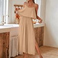 thumbnail image 4 of CheerKidz Women's Ruffled Waist Wide Leg Jumpsuit Solid Color Casual Romper with Side Split Elegant Summer Outfit(Beige,M), 4 of 8