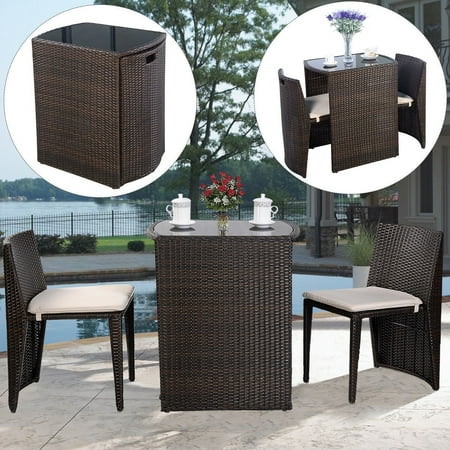 Costway Wicker 3-Piece Small Space Outdoor Bistro Set with Cushions,