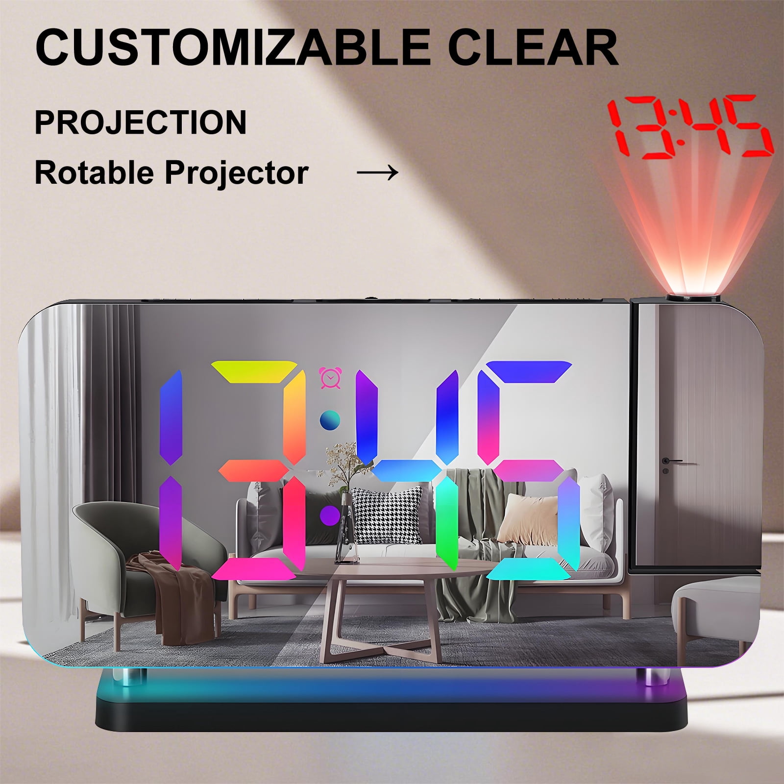 Syenll Projection Alarm Clock, 7.4 inch Large Digital Mirror Clock with Dual USB Charger Ports, 180° Rotatable Projector for Kids Bedroom Ceiling, Black