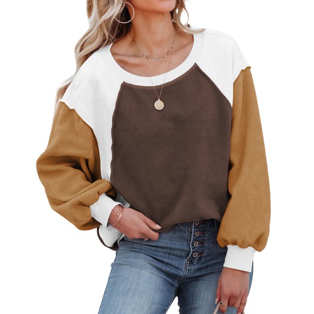 Sudadera de forro polar difuso con cuello redondo para mujer, informal, de moda, manga larga, bloque de color, Tops Café XL