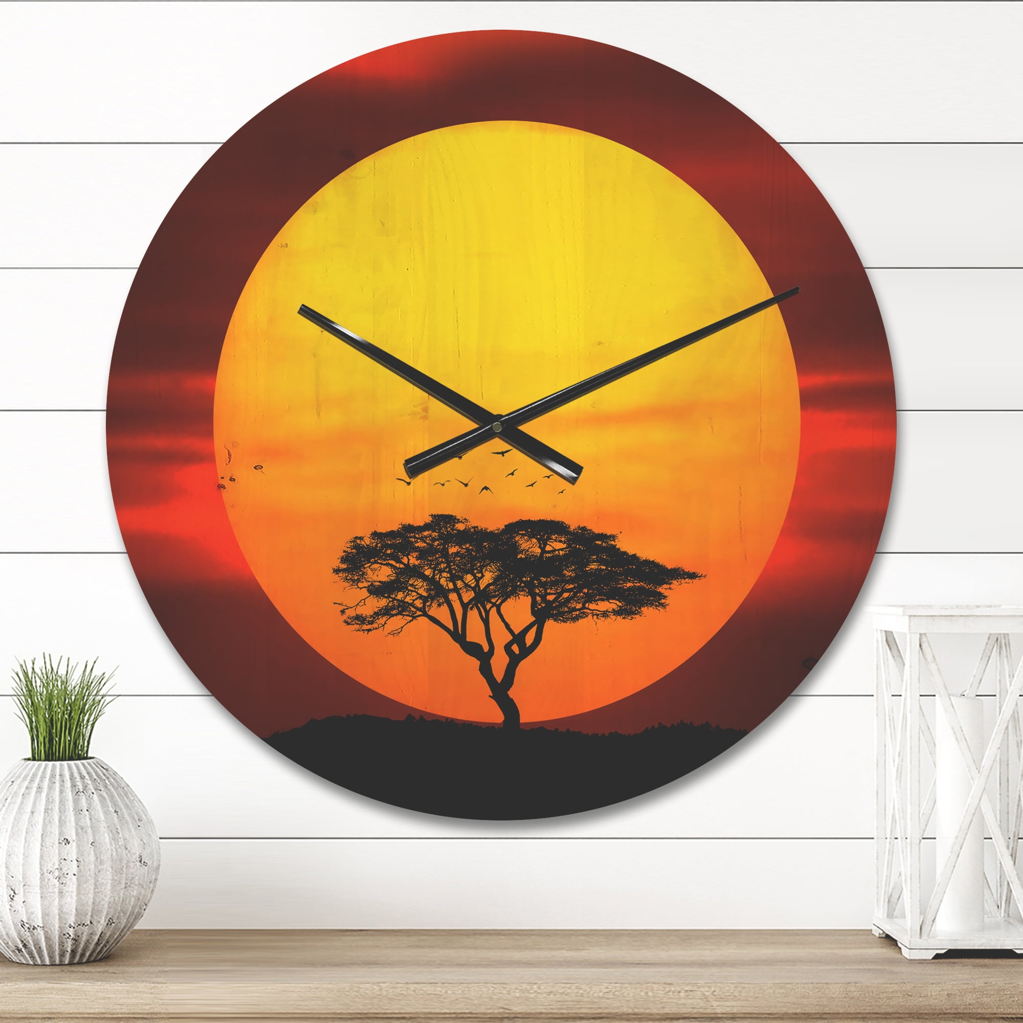 Designart 'Lonely Tree With Birds at Evening Glow' Modern Wood Wall Clock