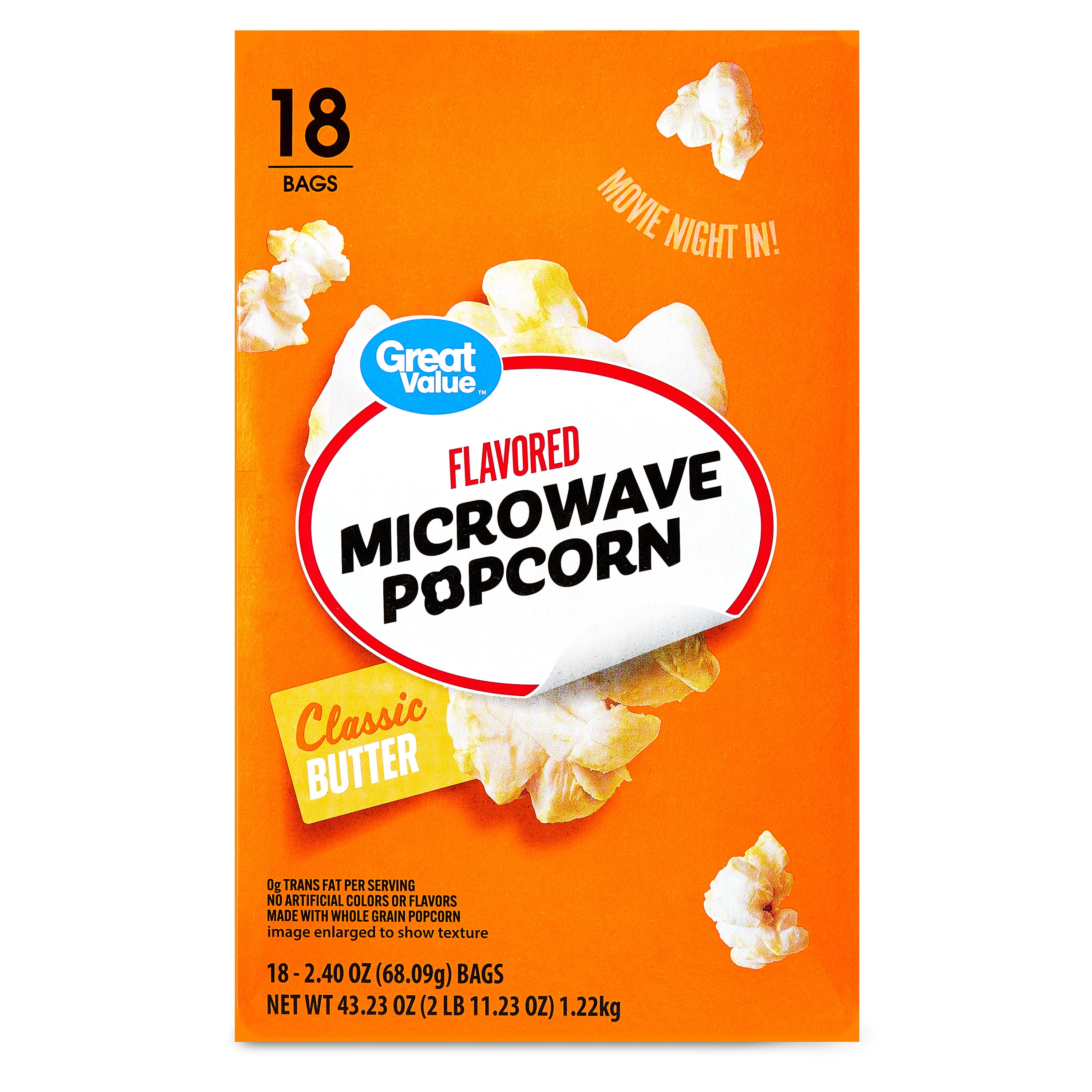 (4 pack) Great Value Classic Butter Flavored Microwave Popcorn, 2.4 oz, 18 Count