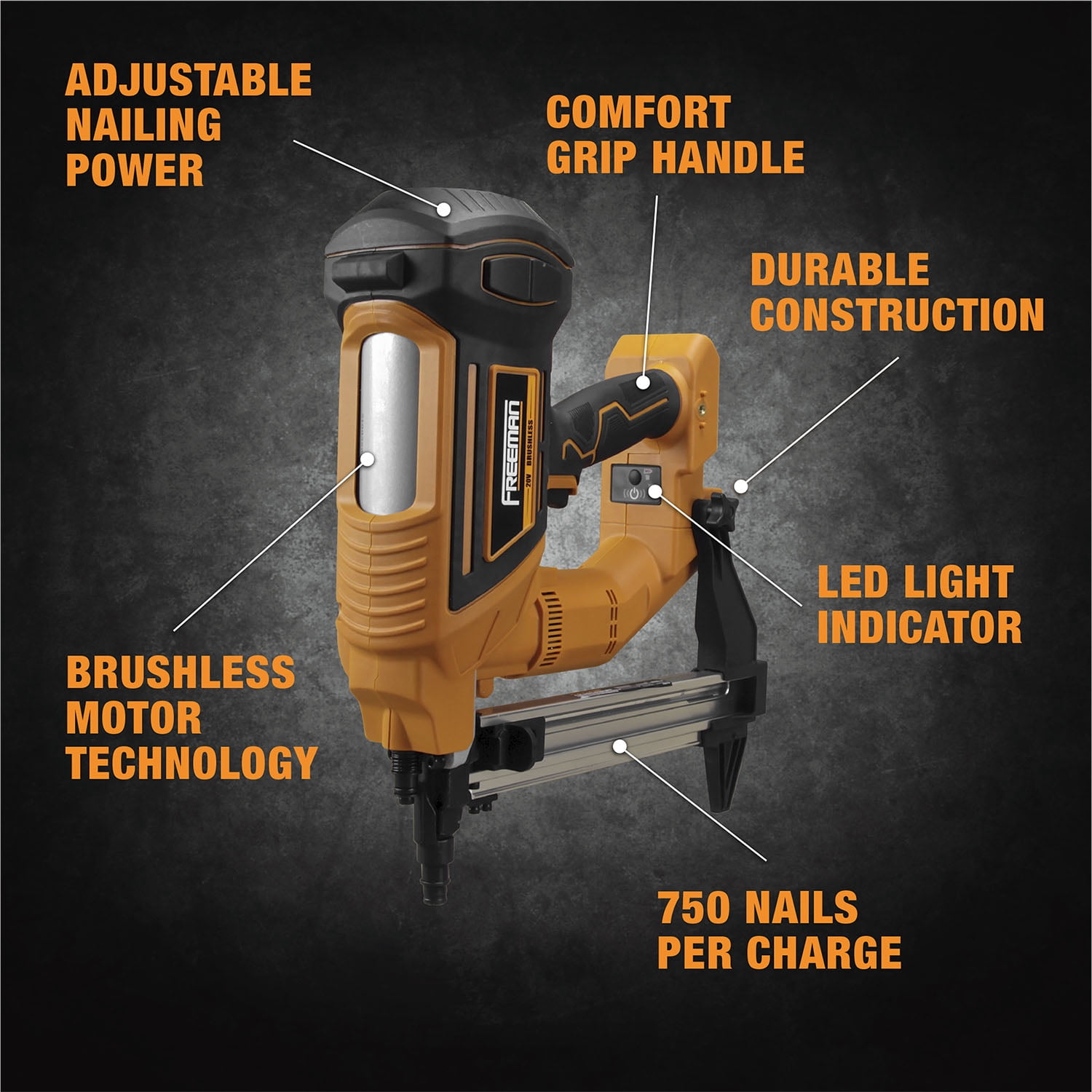 Freeman PE20VTCSPN40 20 Volt Cordless and Brushless 1-1/2" Concrete Nailer (Tool Only) – 750 Shots per Charge