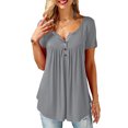 thumbnail image 1 of JustVH Blouse Décontractée Unie Henley Col en V pour Femmes Tunique Plissée à Boutons, 1 of 4