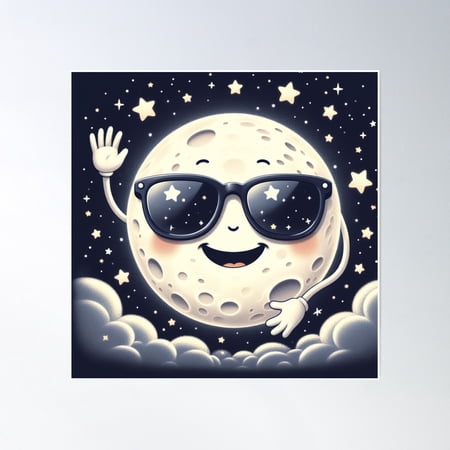 The Smiling Full Moon With Glasses Next To The Stars Poster Wall Art, Modern Wall Decor, 16x16 UNFRAMED
