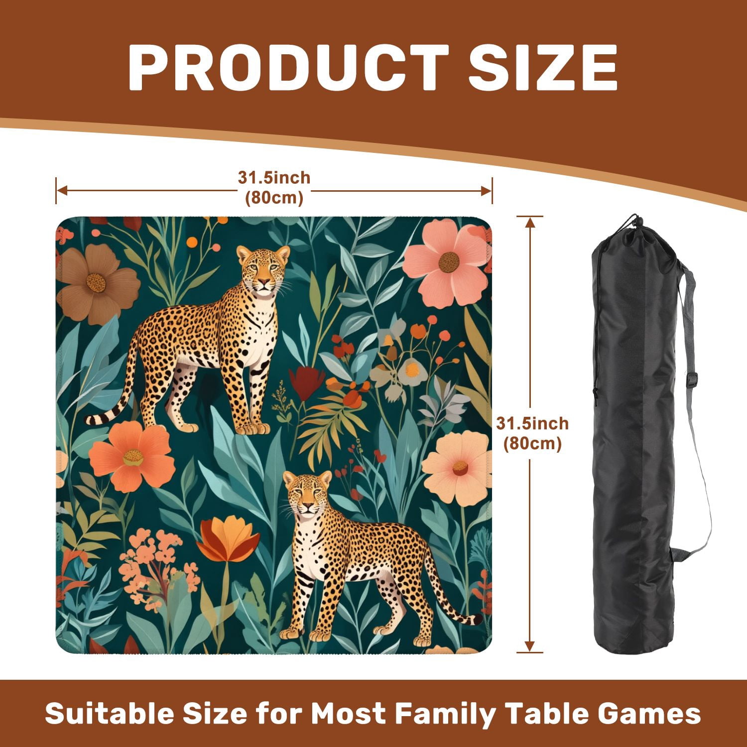 Mahjong Mat 31.5" x 31.5" Cheetah Tropical Leaves Vibrant Flowers Non-Slip Noise Reduction American Mahjong Tiles Table Cover for Dominoes Poker Card Board Games Gift