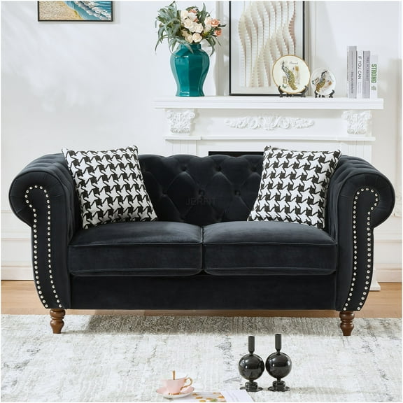 JERFIT Modern Chesterfield Velvet Sofa with Nailhead Trim, 67" 2-Seater Couch for Living Room, Apartment & Office, Rolled Arm Upholstered Fabric Sofa, Black