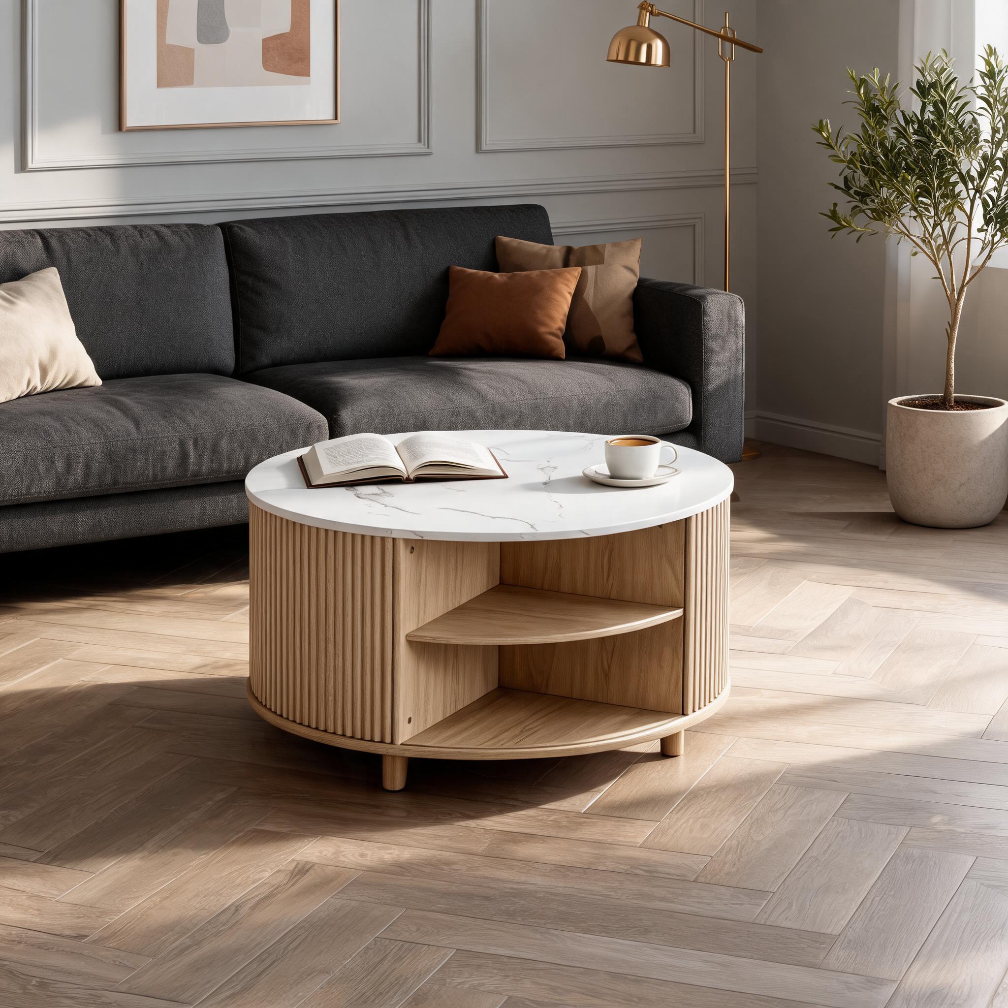 Fluted Round Storage Coffee Table, Mid-Century Modern Center Table with Marble Veneer Top, Sliding Shutter Door & Flip-Top Hidden Storage for Living Room Japandi Farmhouse Home