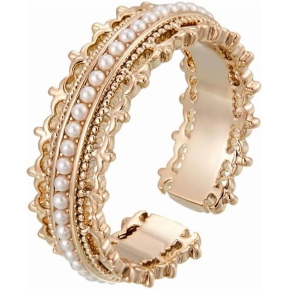 Vintage Crown Statement Open Ring for Women Pearl Beaded Adjustable Stacking Wrap Finger Band Christmas Wedding Band Fashion Jewelry