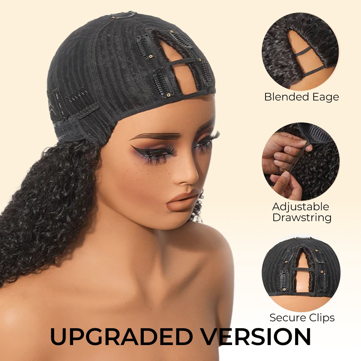 Wear & Go Glueless Straight/ Kinky Curly V Part Wig No Leave Out Thin Part Human Hair Wigs for Beginner Protective Style - Natural Black #1b