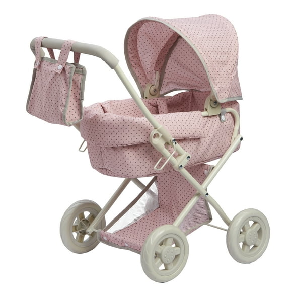 Teamson Kids 16" Doll Baby Foldable Classic Design Pram Stroller Buggy 4 Wheel Playset Pink