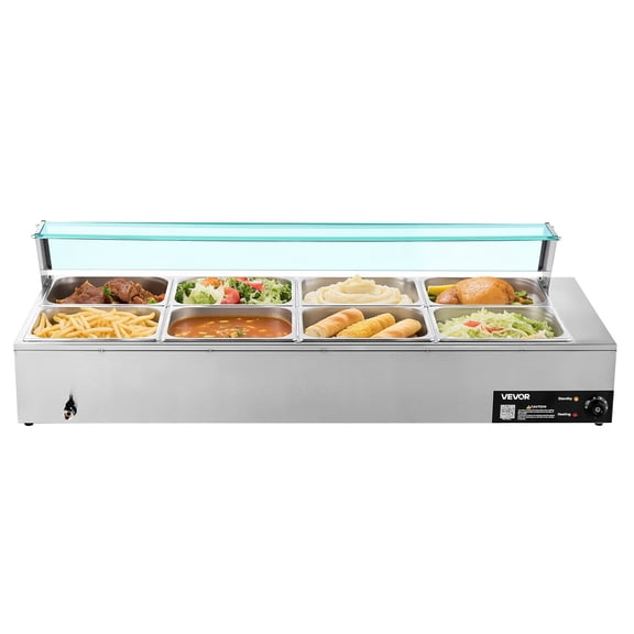 Commercial 1700W 8-Pan Stainless Steel Electric Steam Food Warmer with Glass Cover & Ladles, Countertop Bain Marie for Catering, Restaurant, Buffet, Party