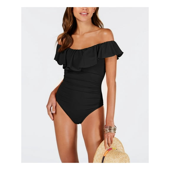 LA BLANCA Women's Black Stretch Tummy Control Lace-up cutout Lined Moderate Coverage Ruffled Island Goddess Off The Shoulder One Piece Swimsuit 4