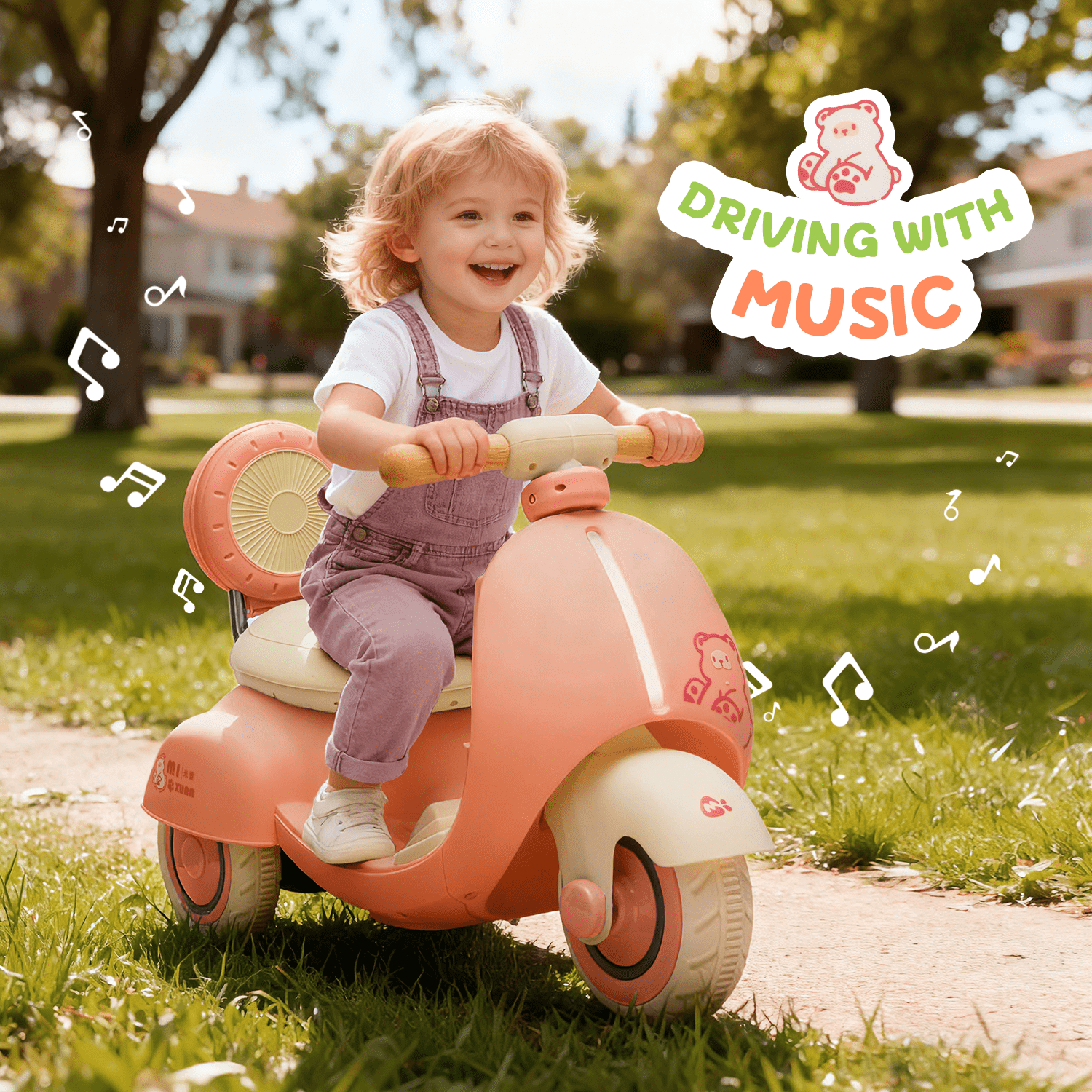 Track Seven 12V Ride on Motorcycle, 3-Wheel Toddler Electrc Scooter with Remote Control, Bluetooth, Wide Seat, Wooden Handle, Slow Start, Electric Motorycle for Boys Girls Aged 1-3 Years, Pink