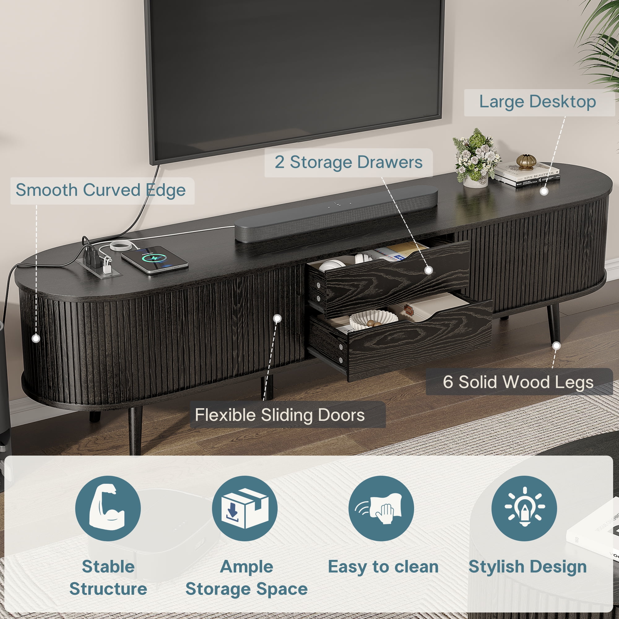 69" TV Stand with Charging Station and Drawers fit 65"- 75" TVs. Mid century Modern TV Stand, Wood Entertainment Center for Living Room and Bedroom, Media Console and Modern TV Console Table ,Black