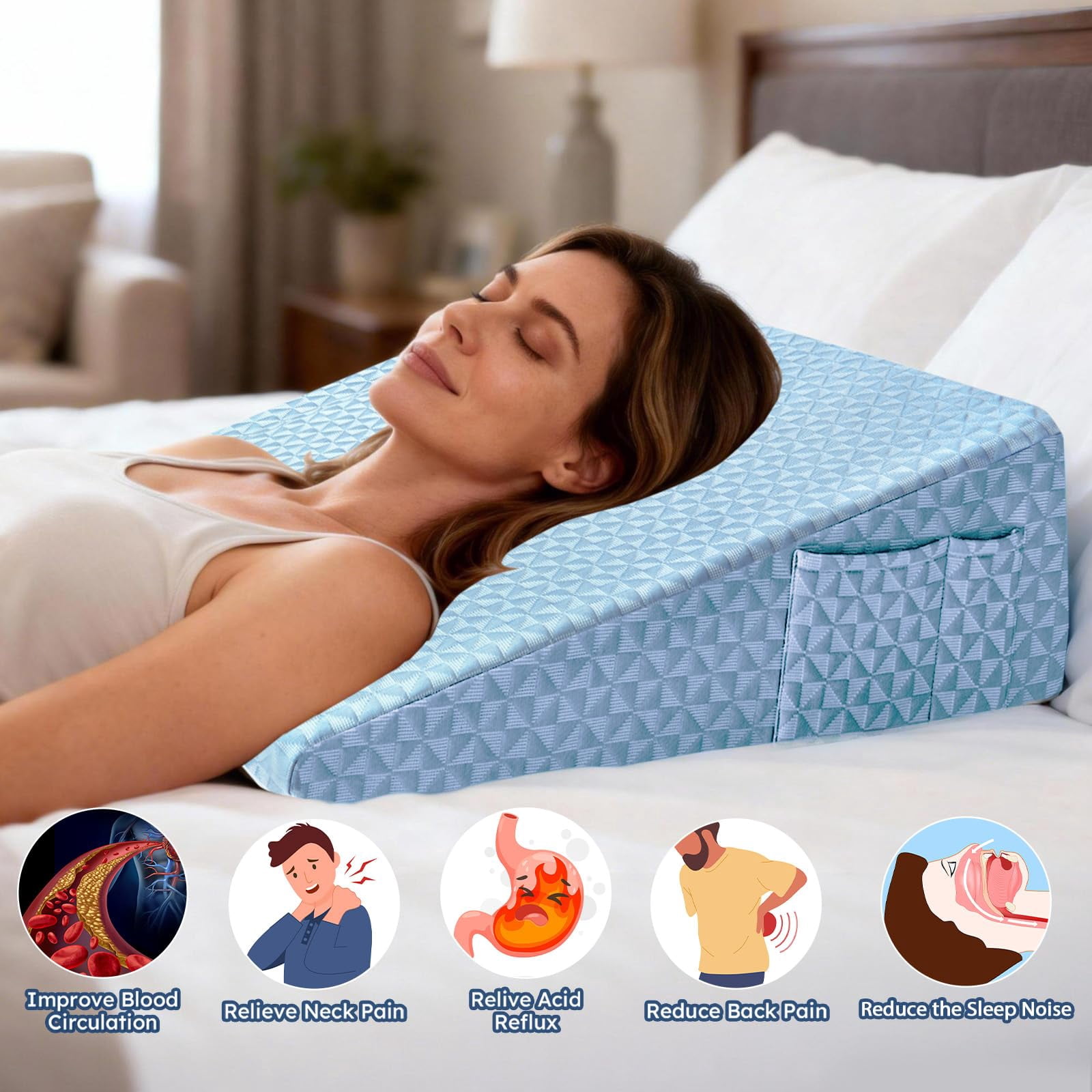 Wedge Pillow 7.5" Bed After  Memory Foam Triangle Incline For Support Leg Elevation(blue)